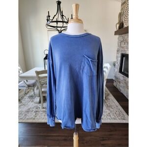 Free People We The Free Blue Long Sleeve Pocket Tee Raw Hem Relaxed Fit Cotton